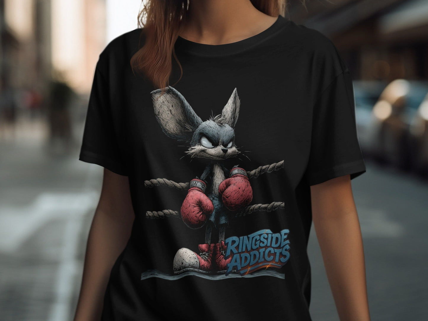 RMA APPAREL Boxing Bunny in Ring Unisex Wildlife T-Shirt - Ringside Addicts White T-Shirt - RMA APPAREL - Roclla Media Apparel Store