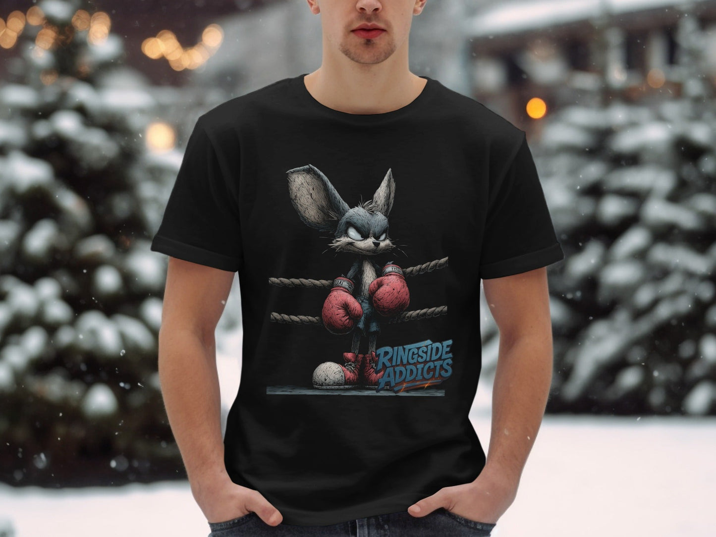 RMA APPAREL Boxing Bunny in Ring Unisex Wildlife T-Shirt - Ringside Addicts White T-Shirt - RMA APPAREL - Roclla Media Apparel Store
