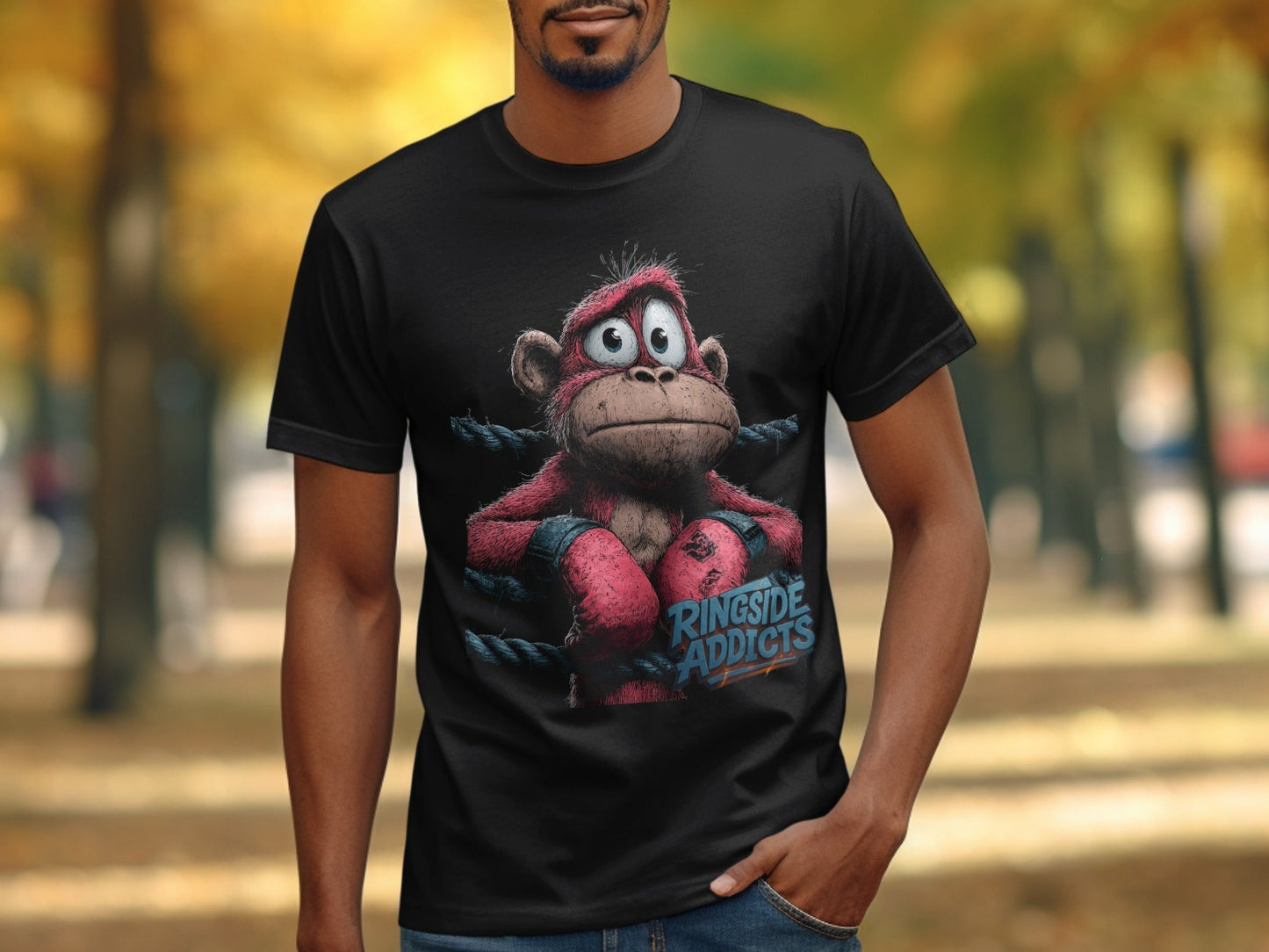 RMA APPAREL Boxing Monkey Wildlife Mens Unisex Sizes T-Shirt - Ringside Addicts White T-Shirt - RMA APPAREL - Roclla Media Apparel Store