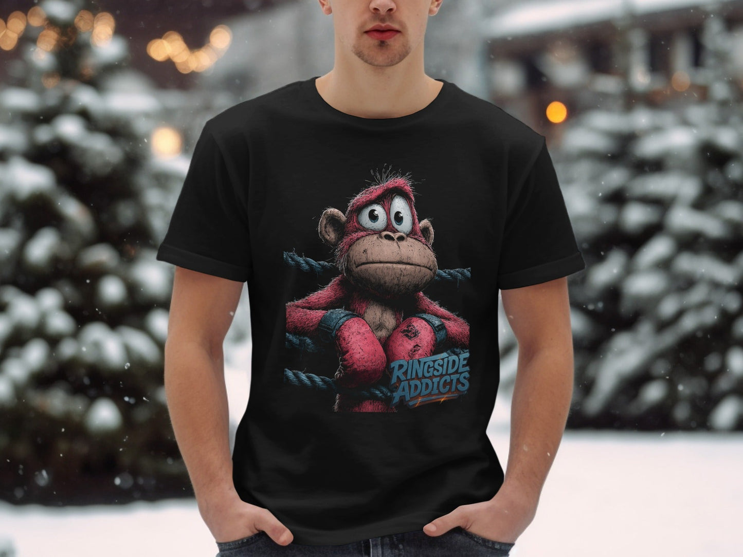 RMA APPAREL Boxing Monkey Wildlife Mens Unisex Sizes T-Shirt - Ringside Addicts White T-Shirt - RMA APPAREL - Roclla Media Apparel Store
