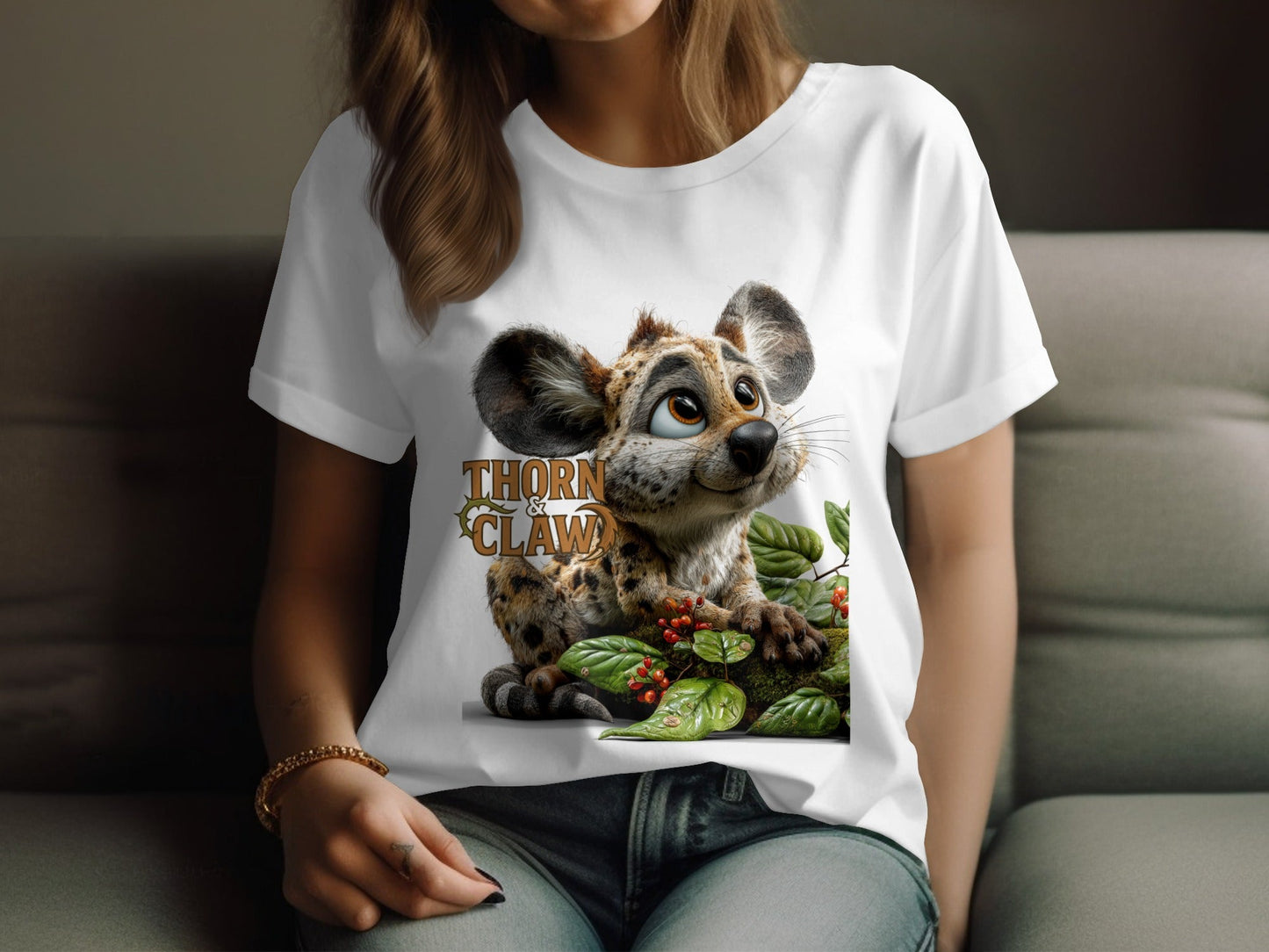 RMA APPAREL Cartoon Hyena Thorn Claw Unisex Wildlife T-Shirt - Thorn & Claw White T-Shirts - RMA APPAREL - Roclla Media Apparel Store