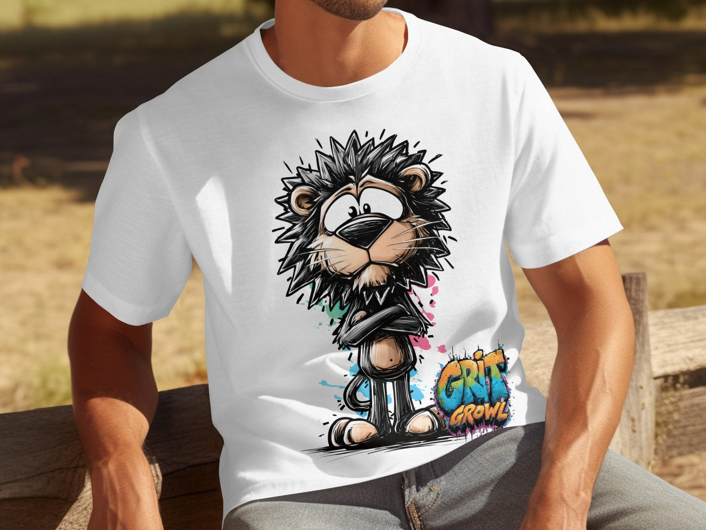 RMA APPAREL Cartoon Lion Sizes S to 5XL Unisex T-Shirt - Grit & Growl White T-Shirts - RMA APPAREL - Roclla Media Apparel Store