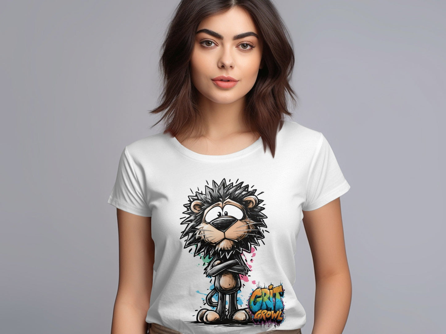 RMA APPAREL Cartoon Lion Sizes S to 5XL Unisex T-Shirt - Grit & Growl White T-Shirts - RMA APPAREL - Roclla Media Apparel Store