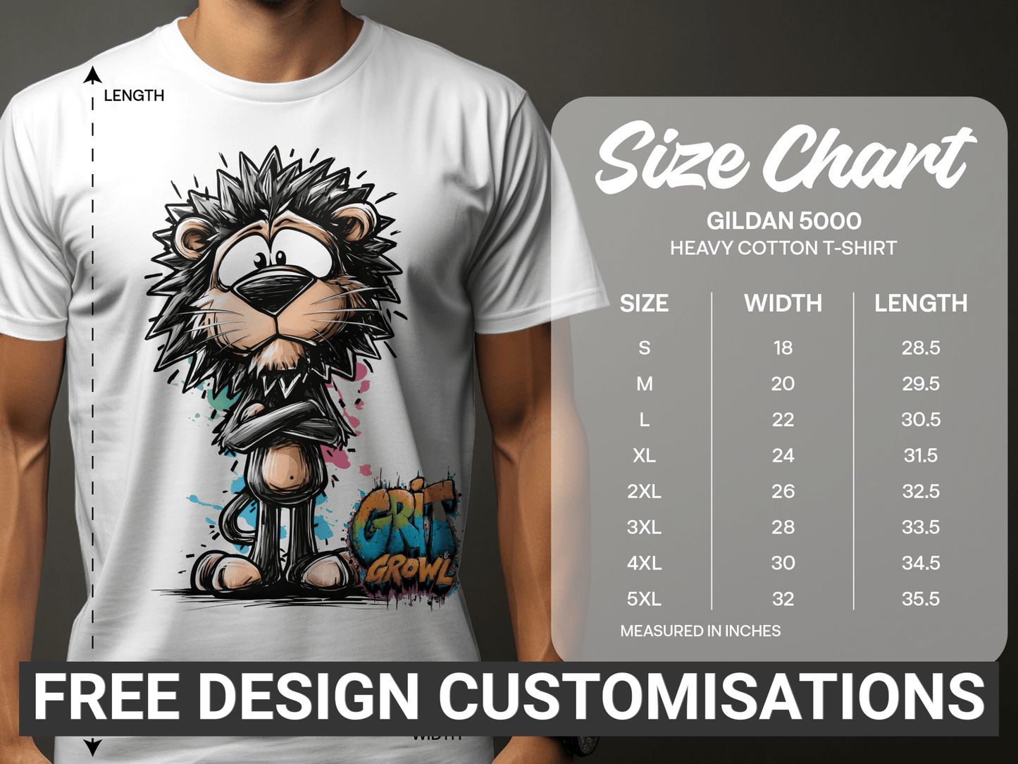 RMA APPAREL Cartoon Lion Sizes S to 5XL Unisex T-Shirt - Grit & Growl White T-Shirts - RMA APPAREL - Roclla Media Apparel Store