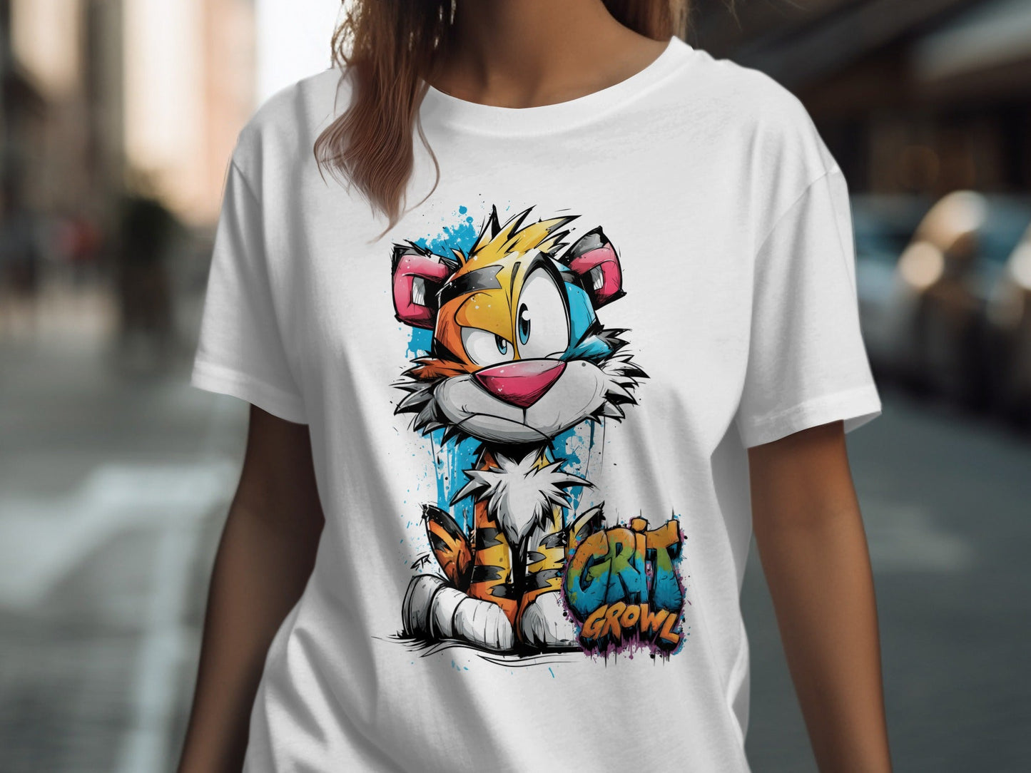 RMA APPAREL Cartoon Tiger With Colourful Mens Womens T-Shirt - Grit & Growl White T-Shirts - RMA APPAREL - Roclla Media Apparel Store