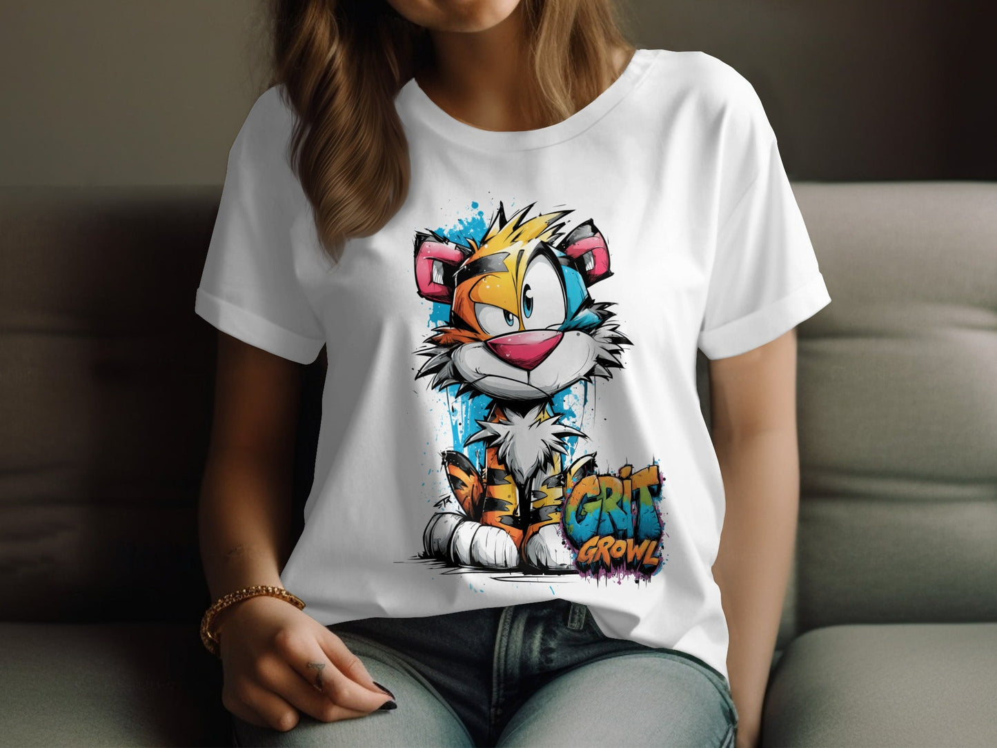 RMA APPAREL Cartoon Tiger With Colourful Mens Womens T-Shirt - Grit & Growl White T-Shirts - RMA APPAREL - Roclla Media Apparel Store