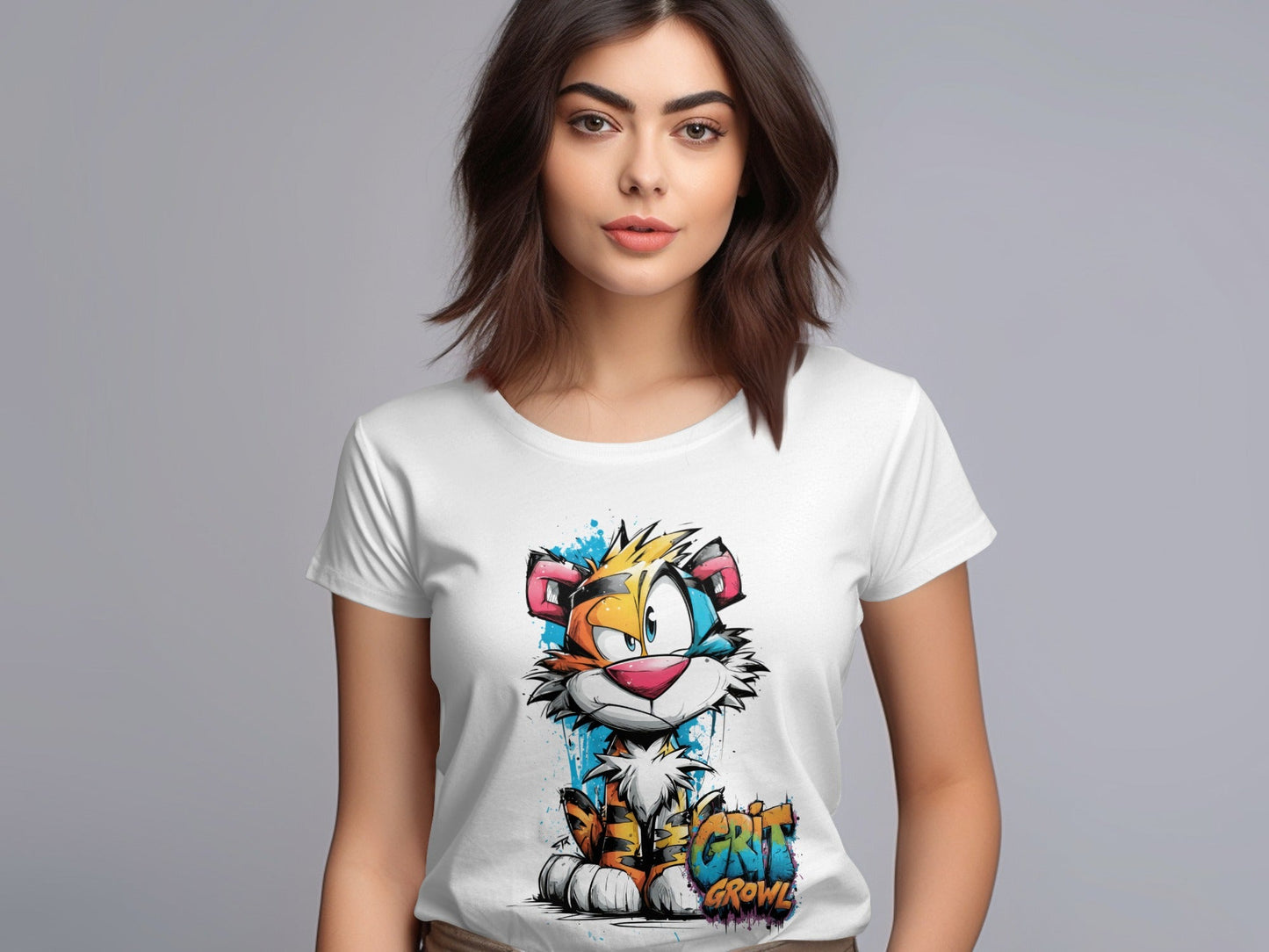 RMA APPAREL Cartoon Tiger With Colourful Mens Womens T-Shirt - Grit & Growl White T-Shirts - RMA APPAREL - Roclla Media Apparel Store