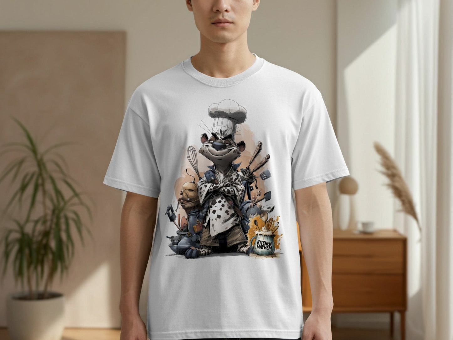 RMA APPAREL Chef Leopard Kitchen Mayhem Unisex T-Shirt Sizes S - 5XL - Kitchen Mayhem White T-Shirt - RMA APPAREL - Roclla Media Apparel Store