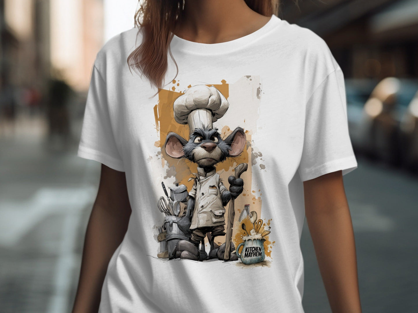 RMA APPAREL Chef Mouse Kitchen Mayhem Unisex T-Shirt Sizes S to 5XL - Kitchen Mayhem White T-Shirt - RMA APPAREL - Roclla Media Apparel Store