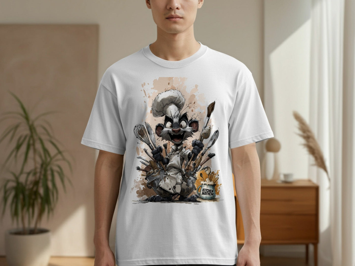 RMA APPAREL Chef Otter in Kitchen Mayhem Sizes S to 5XL T-Shirt - Kitchen Mayhem White T-Shirt - RMA APPAREL - Roclla Media Apparel Store
