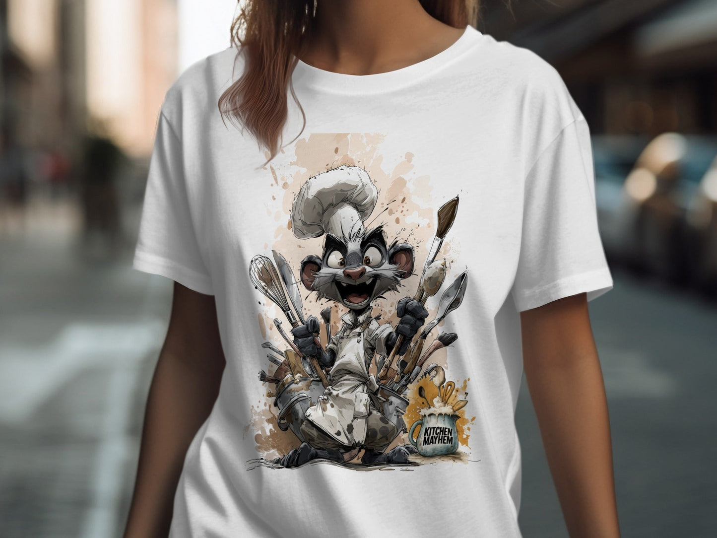 RMA APPAREL Chef Otter in Kitchen Mayhem Sizes S to 5XL T-Shirt - Kitchen Mayhem White T-Shirt - RMA APPAREL - Roclla Media Apparel Store