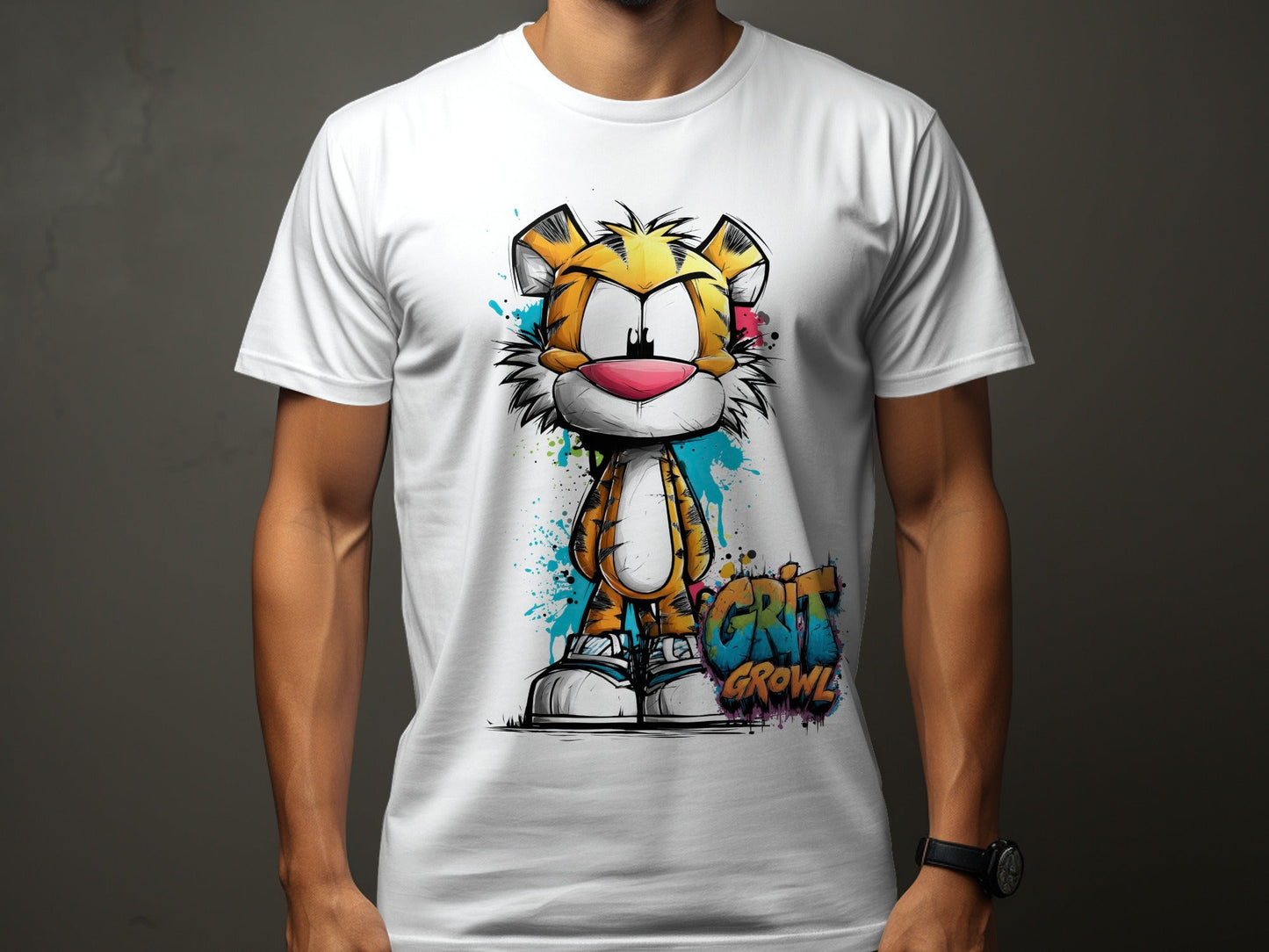 RMA APPAREL Cool Cartoon Tiger Graphic Unisex T-Shirt Sizes S - 5XL - Grit & Growl White T-Shirts - RMA APPAREL - Roclla Media Apparel Store