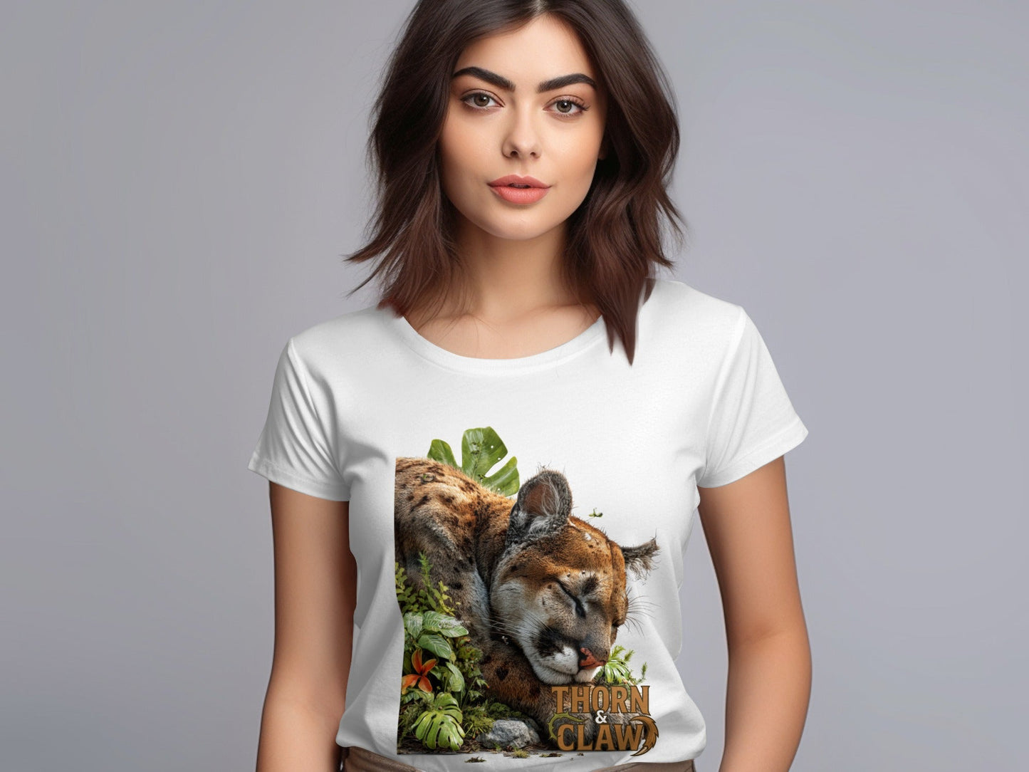 RMA APPAREL Cougar Resting Surrounded By Plants Unisex T-Shirt - Thorn & Claw White T-Shirts - RMA APPAREL - Roclla Media Apparel Store