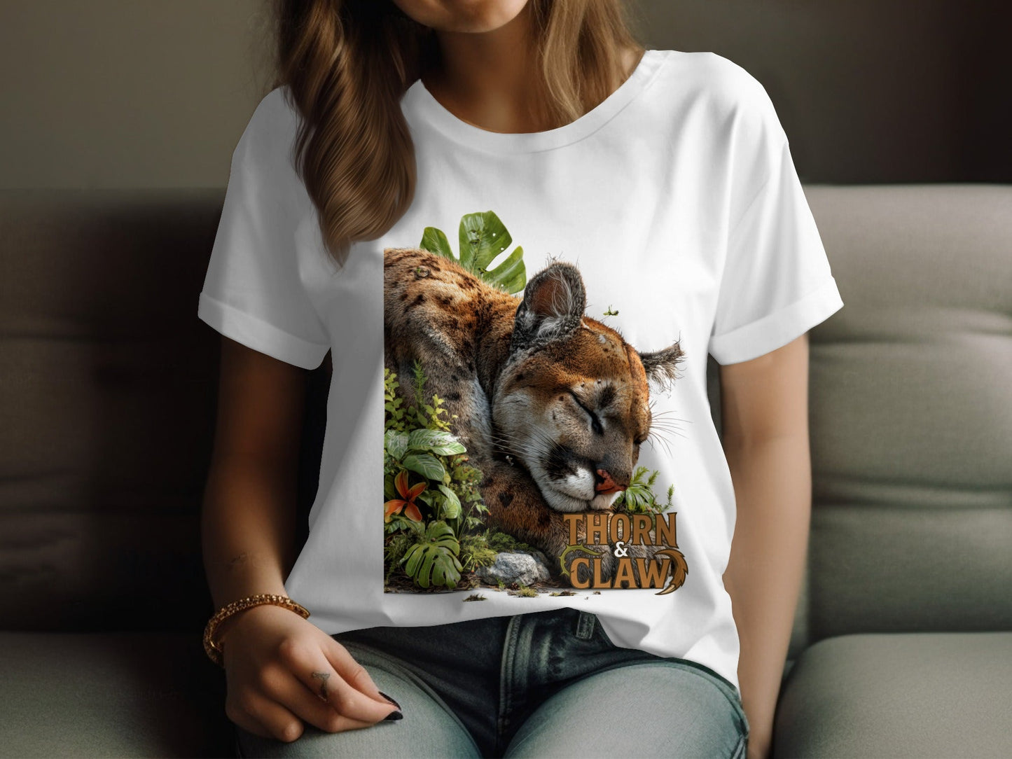 RMA APPAREL Cougar Resting Surrounded By Plants Unisex T-Shirt - Thorn & Claw White T-Shirts - RMA APPAREL - Roclla Media Apparel Store