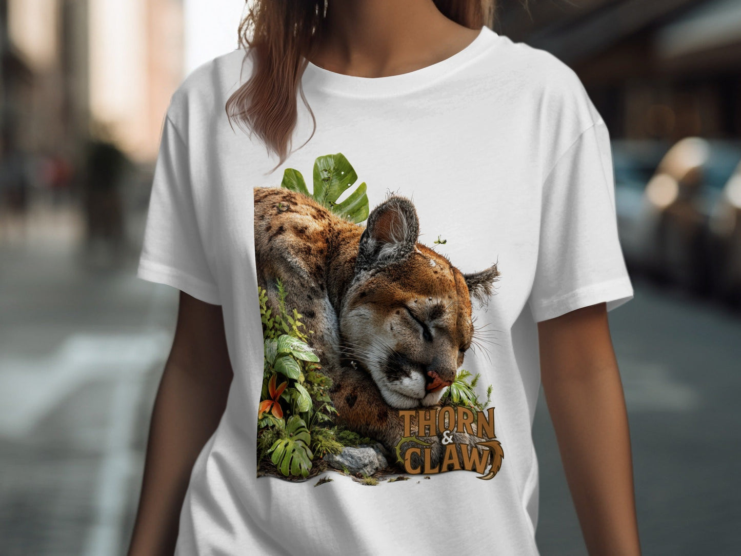 RMA APPAREL Cougar Resting Surrounded By Plants Unisex T-Shirt - Thorn & Claw White T-Shirts - RMA APPAREL - Roclla Media Apparel Store