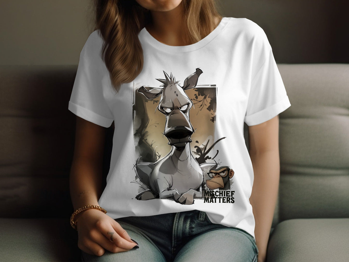 RMA APPAREL Donkey Cartoon T-Shirt, Unisex T-shirt S - 5XL, Animal Tee - Mischief Matters White T-shirt - RMA APPAREL - Roclla Media Apparel Store