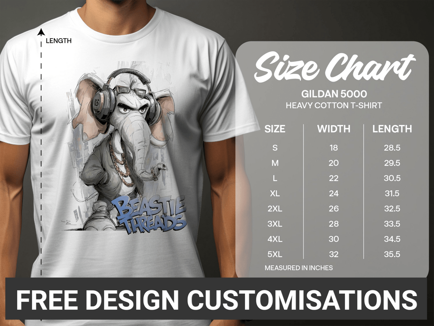 RMA Apparel Elephant T-Shirt, Unisex, Sizes S to 5XL, Animal Tee - Beastie Threads White T-Shirt - RMA APPAREL - Roclla Media Apparel Store