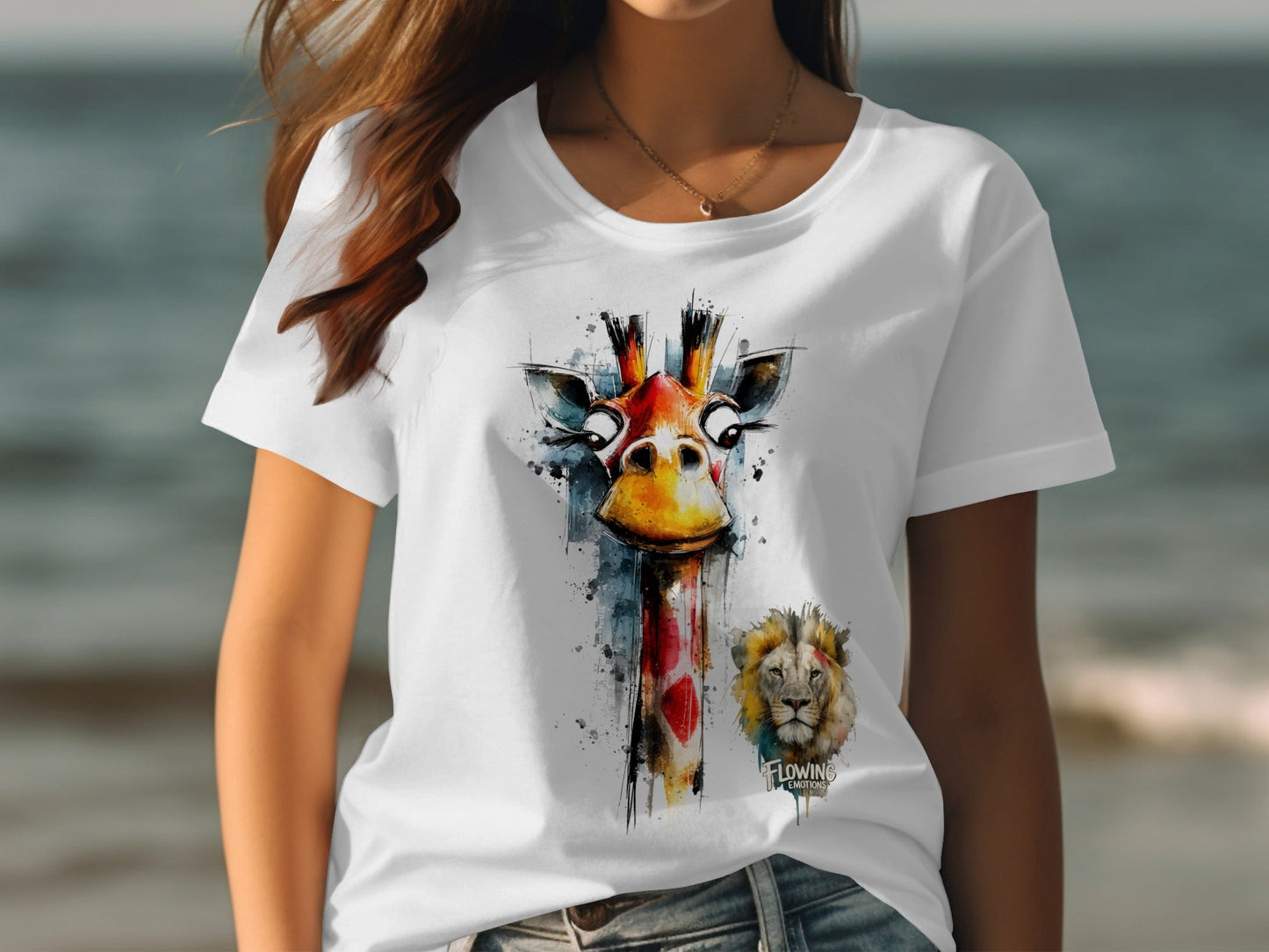 RMA APPAREL Giraffe And Lion Artistic Graphic Unisex T-Shirt - Flowing Emotions White T-Shirts - RMA APPAREL - Roclla Media Apparel Store