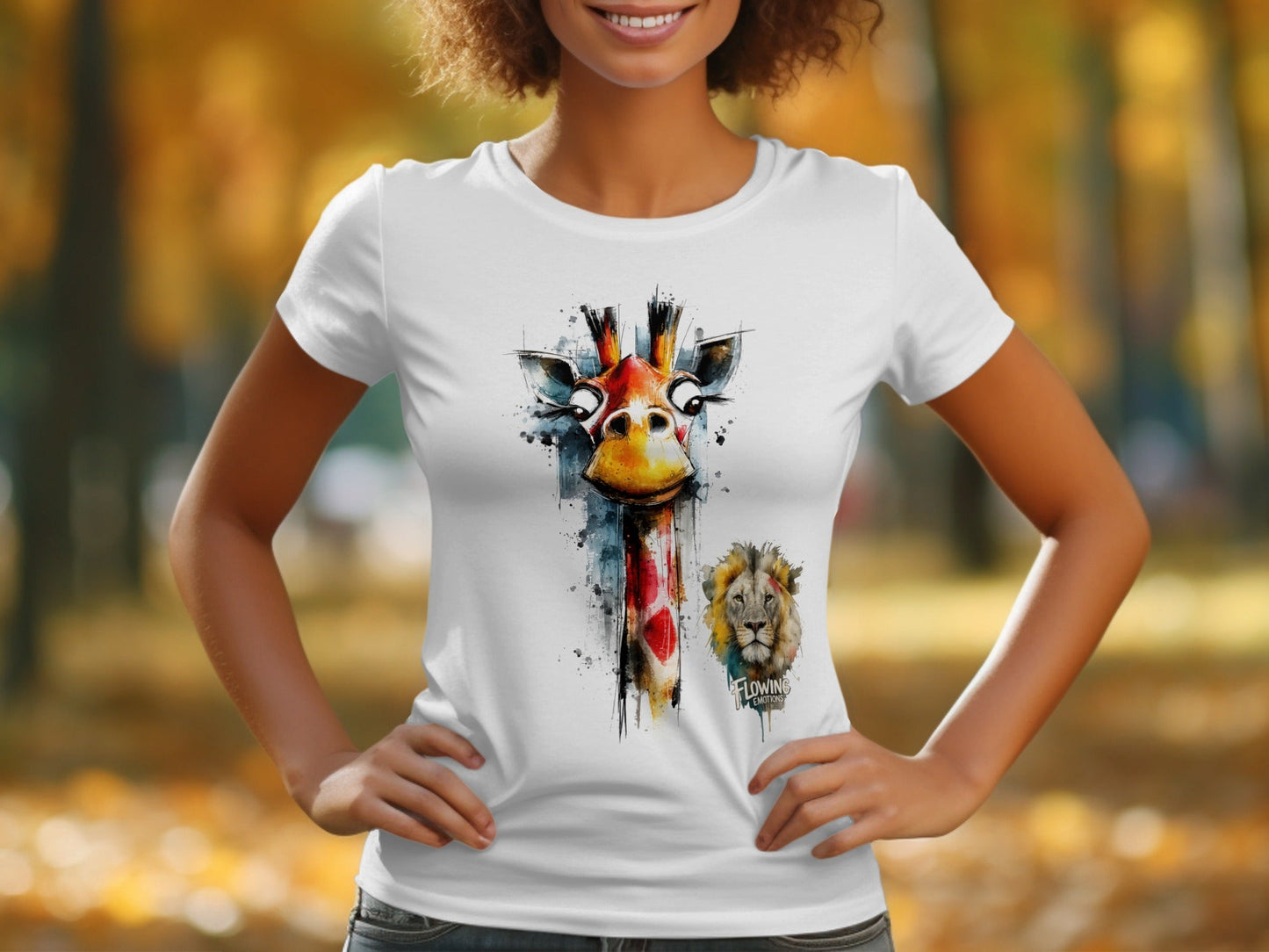 RMA APPAREL Giraffe And Lion Artistic Graphic Unisex T-Shirt - Flowing Emotions White T-Shirts - RMA APPAREL - Roclla Media Apparel Store