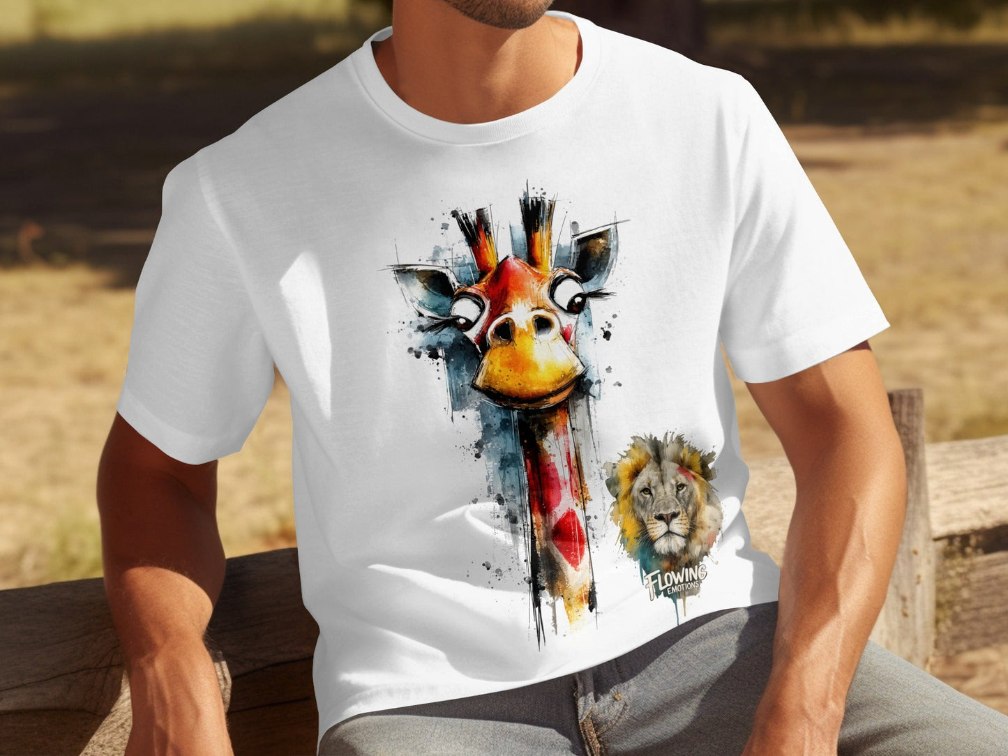 RMA APPAREL Giraffe And Lion Artistic Graphic Unisex T-Shirt - Flowing Emotions White T-Shirts - RMA APPAREL - Roclla Media Apparel Store