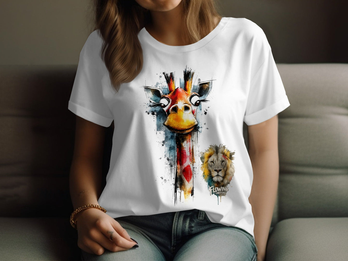 RMA APPAREL Giraffe And Lion Artistic Graphic Unisex T-Shirt - Flowing Emotions White T-Shirts - RMA APPAREL - Roclla Media Apparel Store