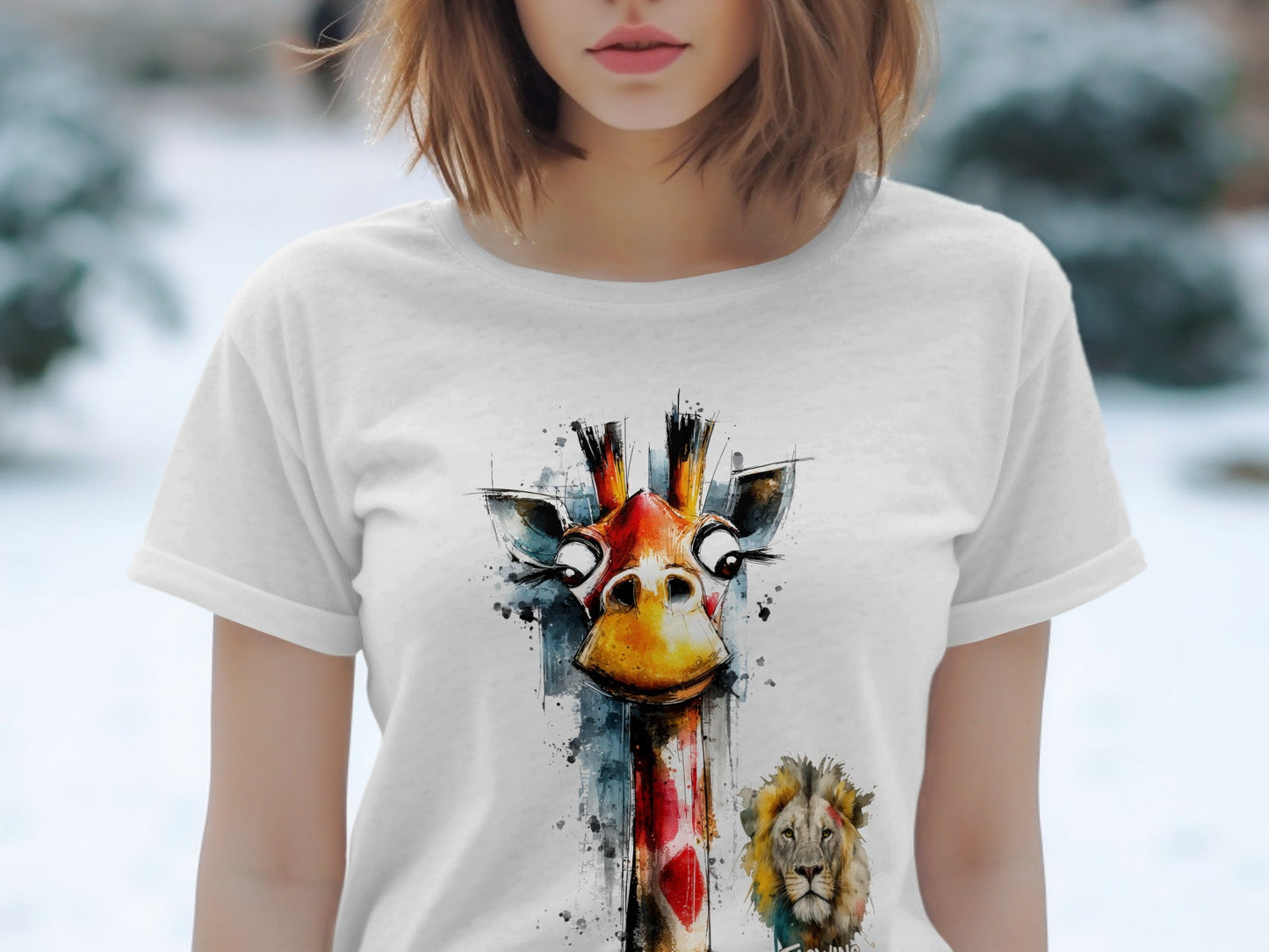RMA APPAREL Giraffe And Lion Artistic Graphic Unisex T-Shirt - Flowing Emotions White T-Shirts - RMA APPAREL - Roclla Media Apparel Store