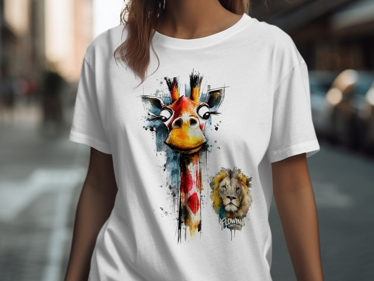 RMA APPAREL Giraffe And Lion Artistic Graphic Unisex T-Shirt - Flowing Emotions White T-Shirts - RMA APPAREL - Roclla Media Apparel Store