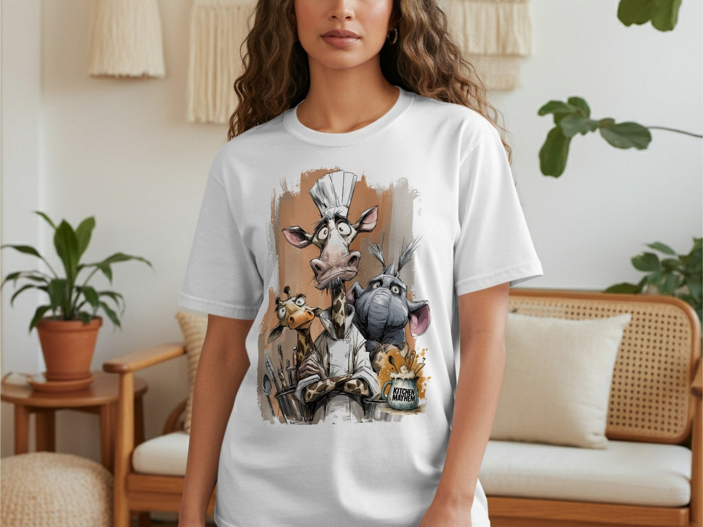 RMA APPAREL Giraffe Chef Kitchen Mayhem Mens Wildlife T-Shirt - Kitchen Mayhem White T-Shirt - RMA APPAREL - Roclla Media Apparel Store