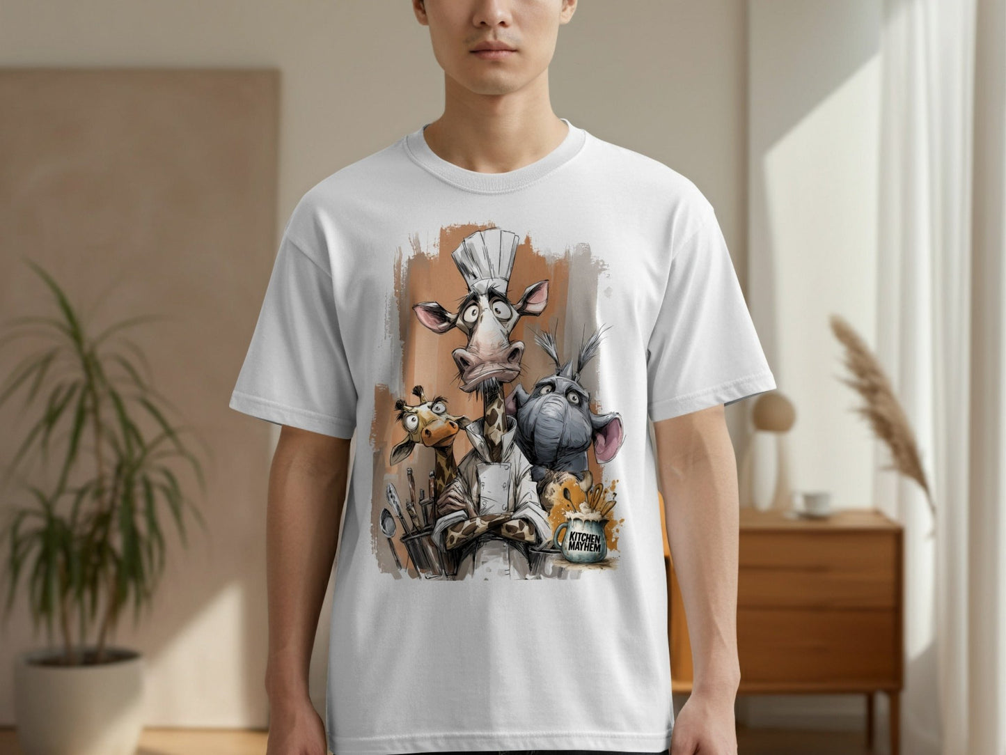 RMA APPAREL Giraffe Chef Kitchen Mayhem Mens Wildlife T-Shirt - Kitchen Mayhem White T-Shirt - RMA APPAREL - Roclla Media Apparel Store
