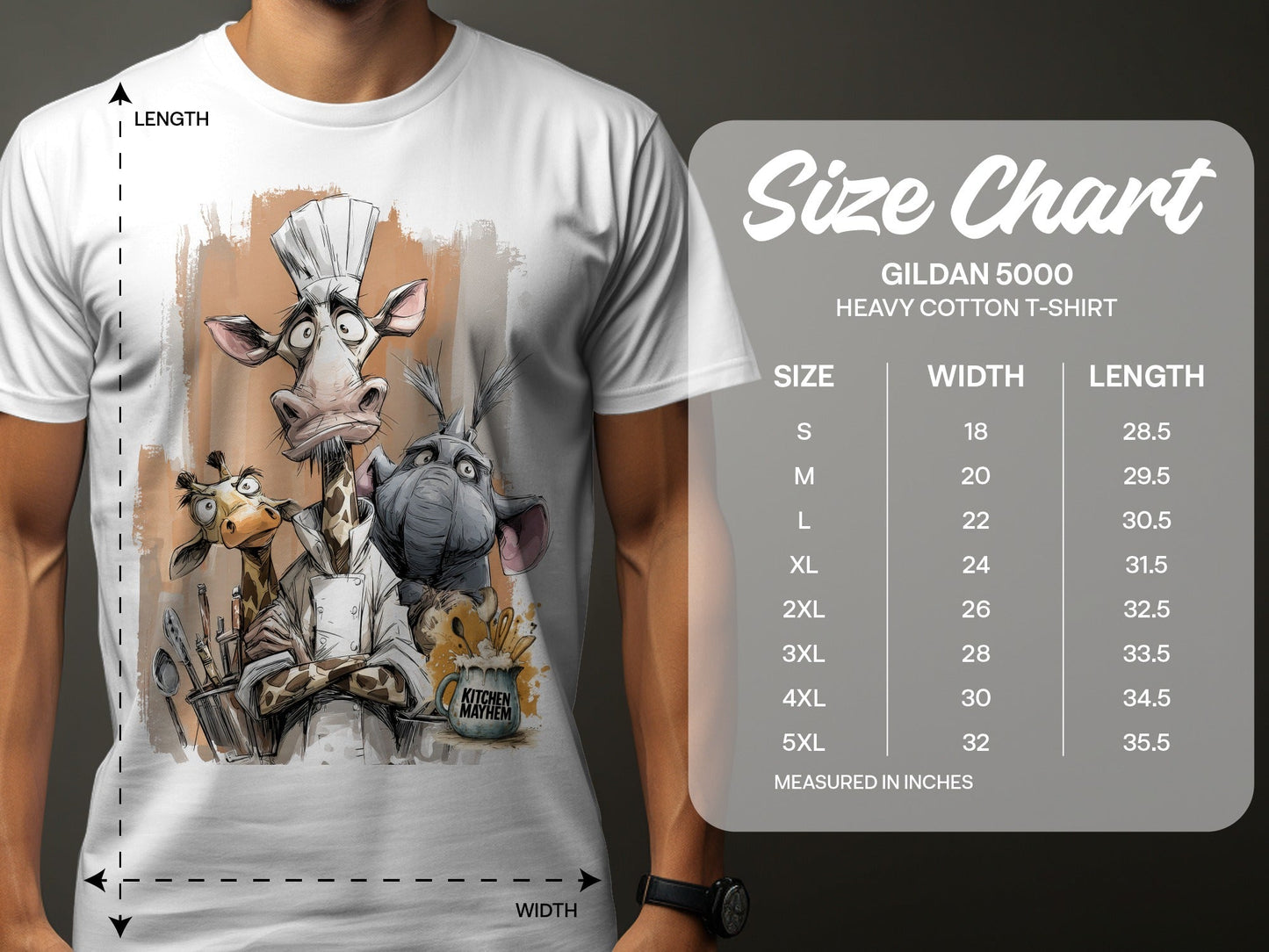 RMA APPAREL Giraffe Chef Kitchen Mayhem Mens Wildlife T-Shirt - Kitchen Mayhem White T-Shirt - RMA APPAREL - Roclla Media Apparel Store