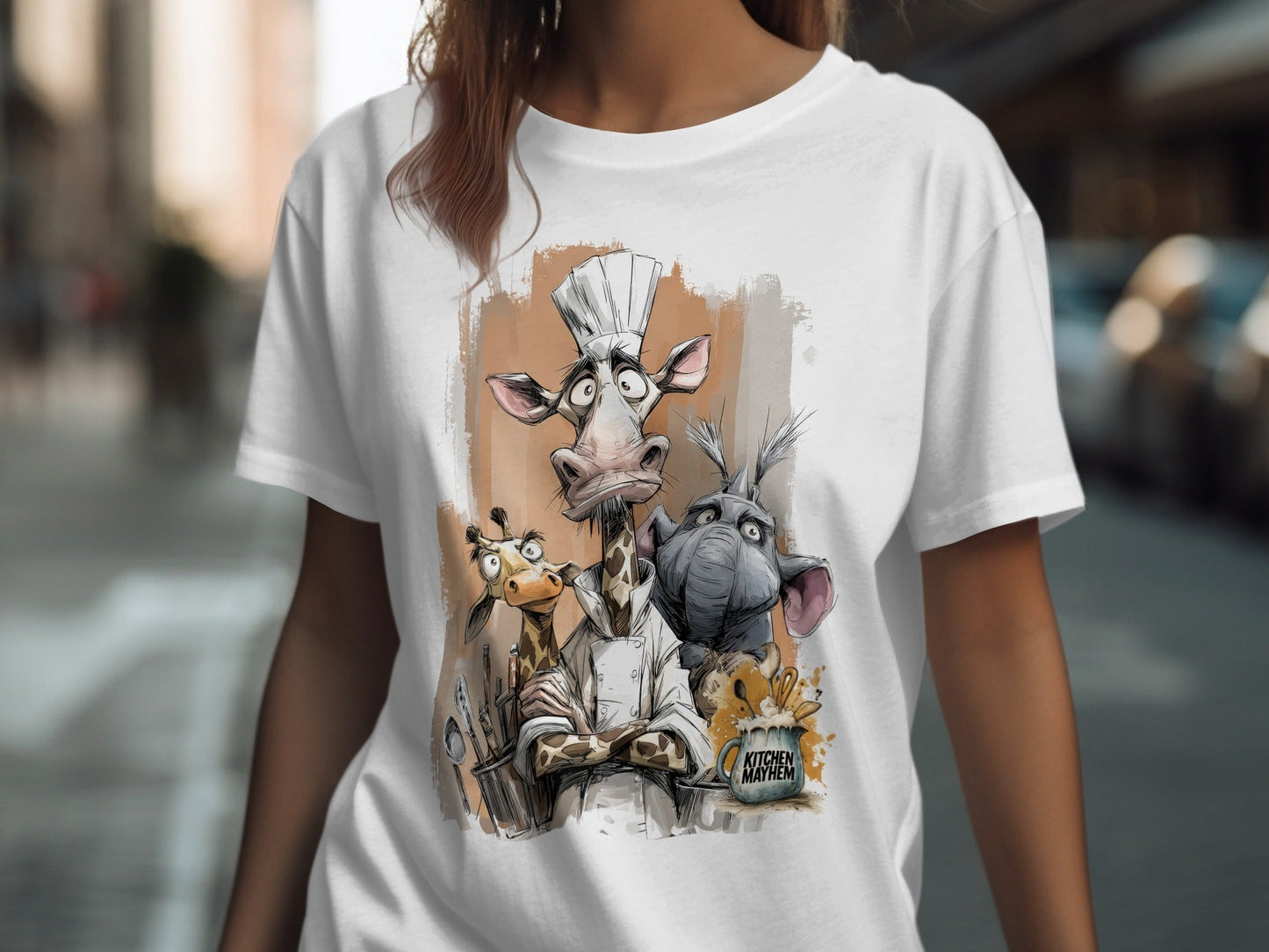 RMA APPAREL Giraffe Chef Kitchen Mayhem Mens Wildlife T-Shirt - Kitchen Mayhem White T-Shirt - RMA APPAREL - Roclla Media Apparel Store