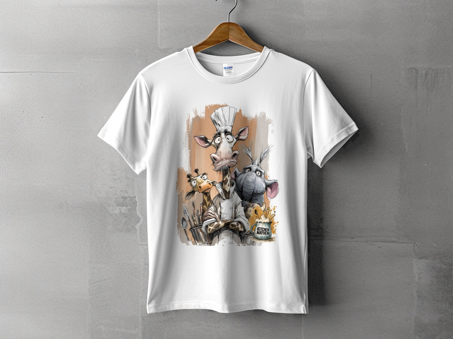 RMA APPAREL Giraffe Chef Kitchen Mayhem Mens Wildlife T-Shirt - Kitchen Mayhem White T-Shirt - RMA APPAREL - Roclla Media Apparel Store