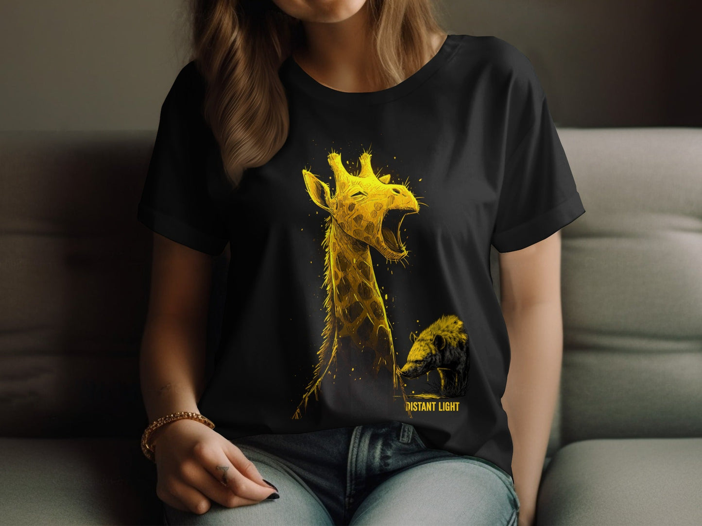 RMA APPAREL Giraffe Golden Illustration Graphic Unisex T-Shirt - Distant Light White T-Shirts - RMA APPAREL - Roclla Media Apparel Store