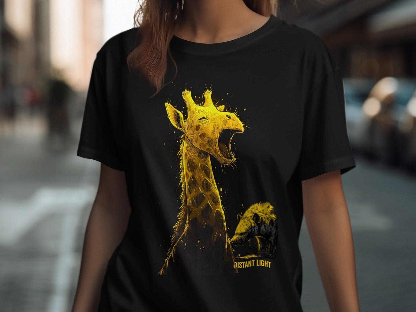 RMA APPAREL Giraffe Golden Illustration Graphic Unisex T-Shirt - Distant Light White T-Shirts - RMA APPAREL - Roclla Media Apparel Store