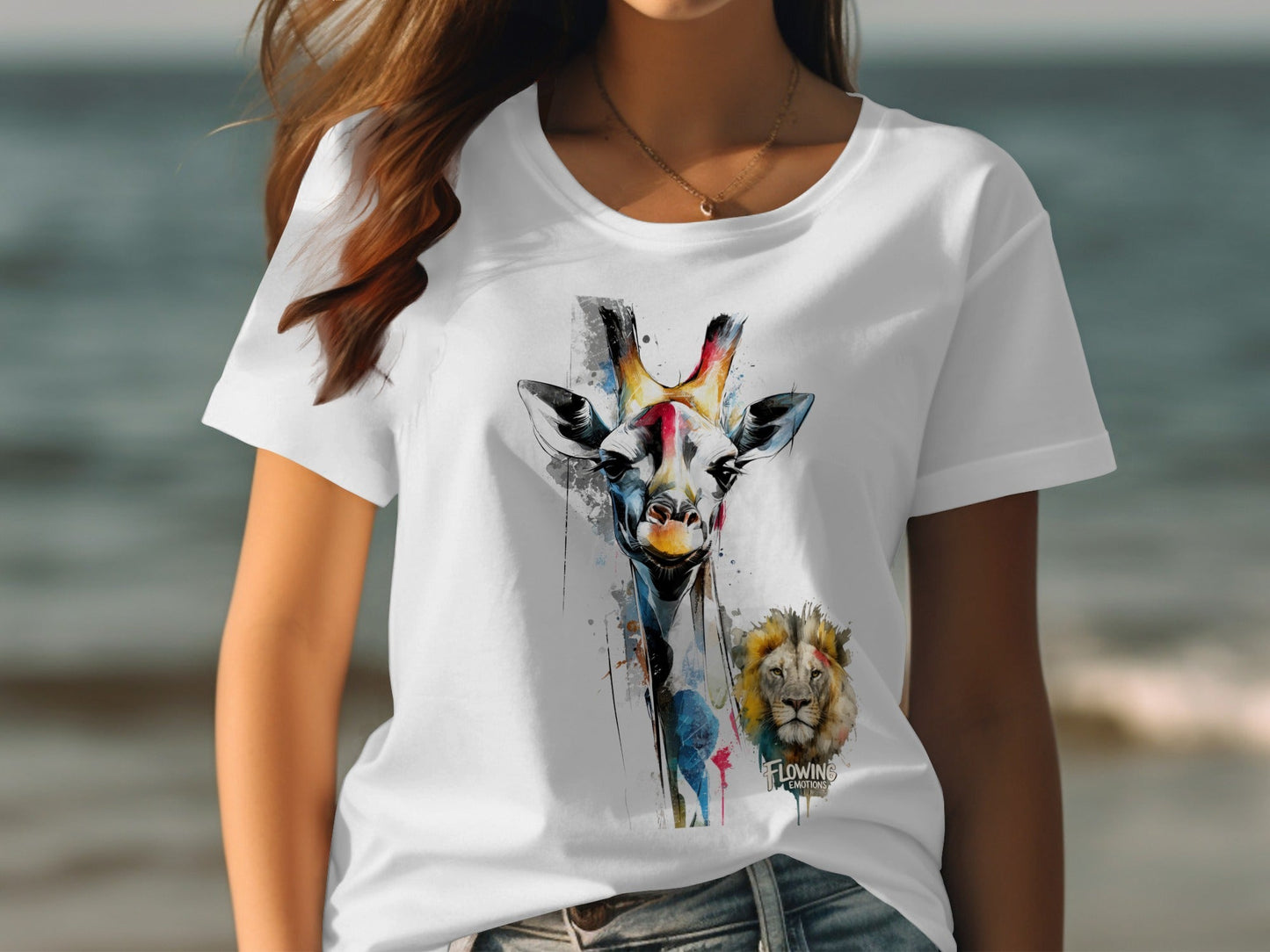 RMA APPAREL Giraffe Lion Wildlife Mens Unisex T-Shirt Sizes - Flowing Emotions White T-Shirts - RMA APPAREL - Roclla Media Apparel Store