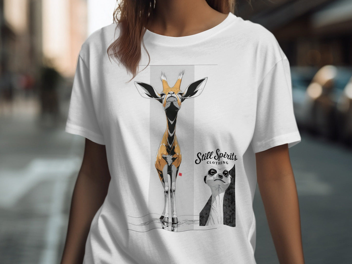 RMA APPAREL Giraffe Meerkat Wildlife Unisex Sizes T-Shirt - Still Spirits White T-Shirt - RMA APPAREL - Roclla Media Apparel Store