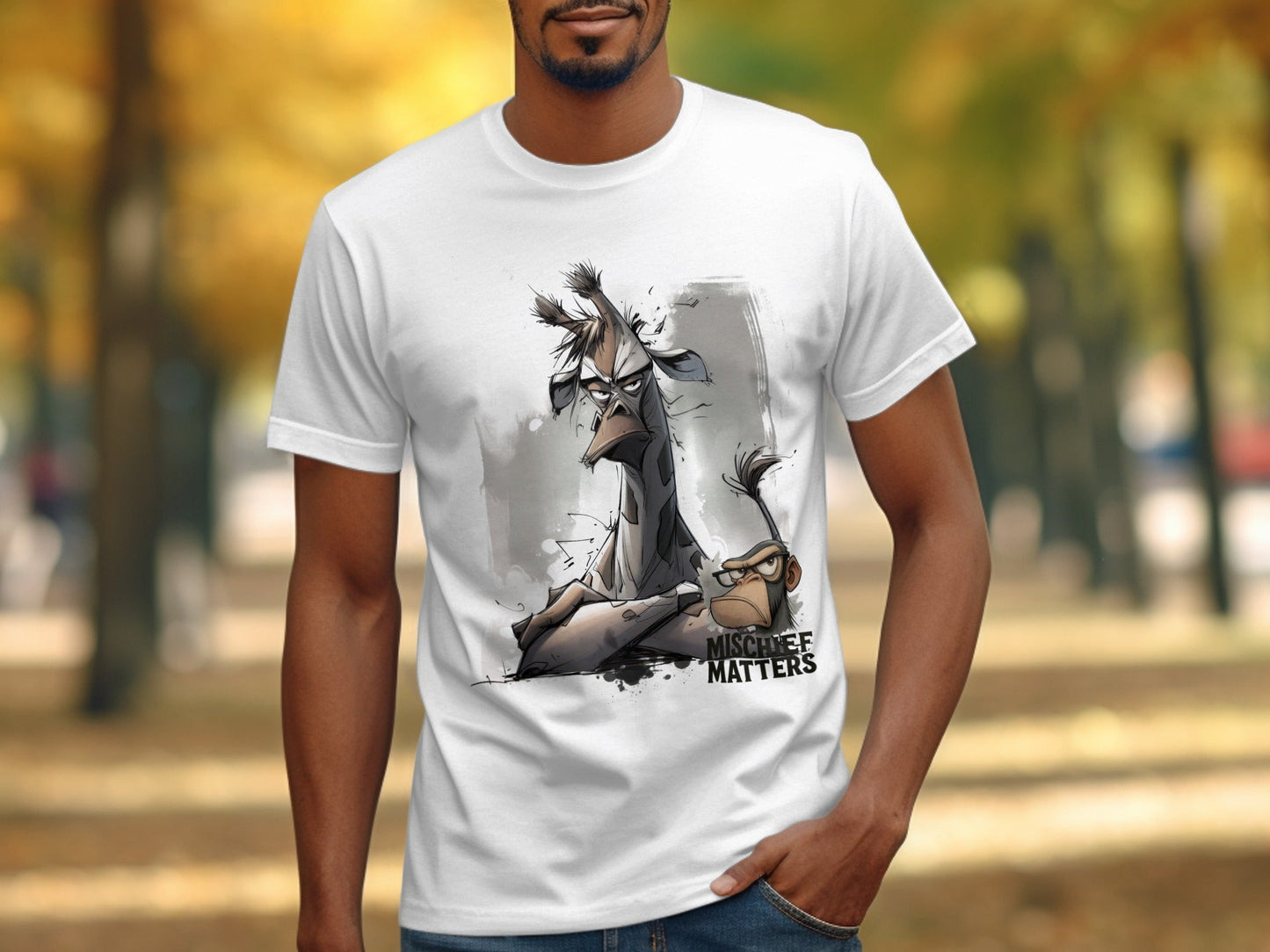 RMA APPAREL Giraffe Monkey T-Shirt, Streetwear, Unisex S - 5XL - Mischief Matters White T-shirt - RMA APPAREL - Roclla Media Apparel Store