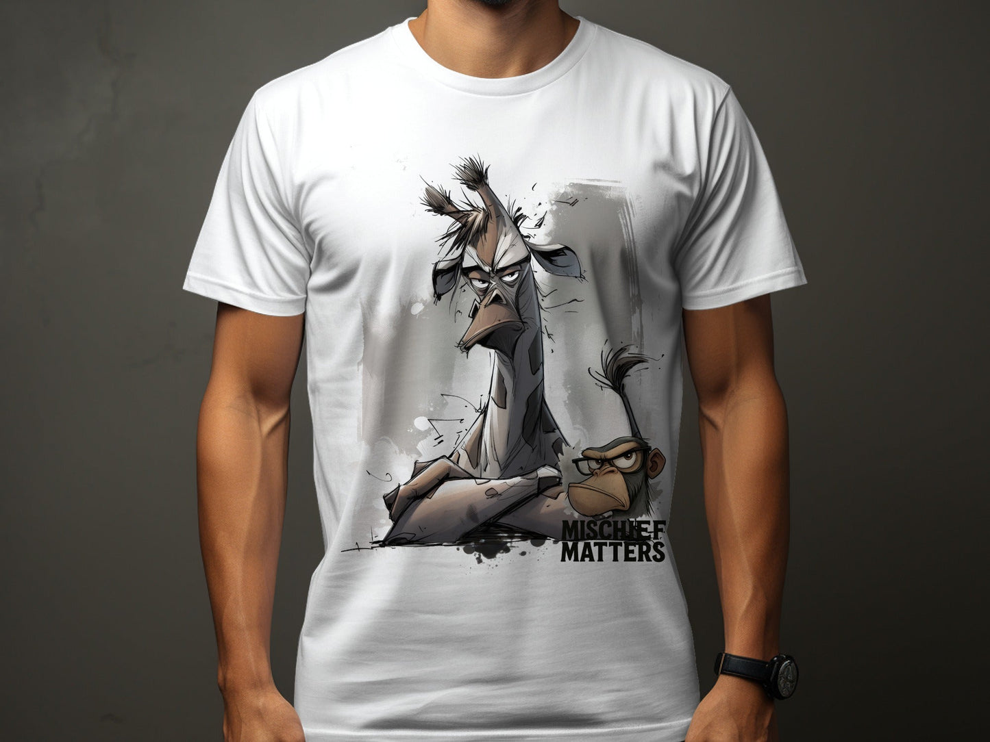 RMA APPAREL Giraffe Monkey T-Shirt, Streetwear, Unisex S - 5XL - Mischief Matters White T-shirt - RMA APPAREL - Roclla Media Apparel Store