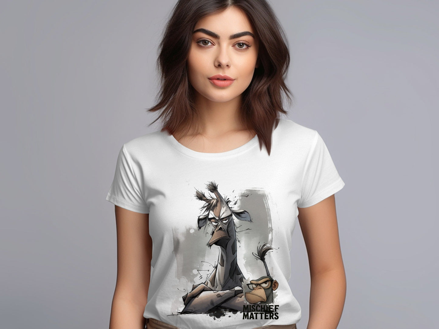 RMA APPAREL Giraffe Monkey T-Shirt, Streetwear, Unisex S - 5XL - Mischief Matters White T-shirt - RMA APPAREL - Roclla Media Apparel Store