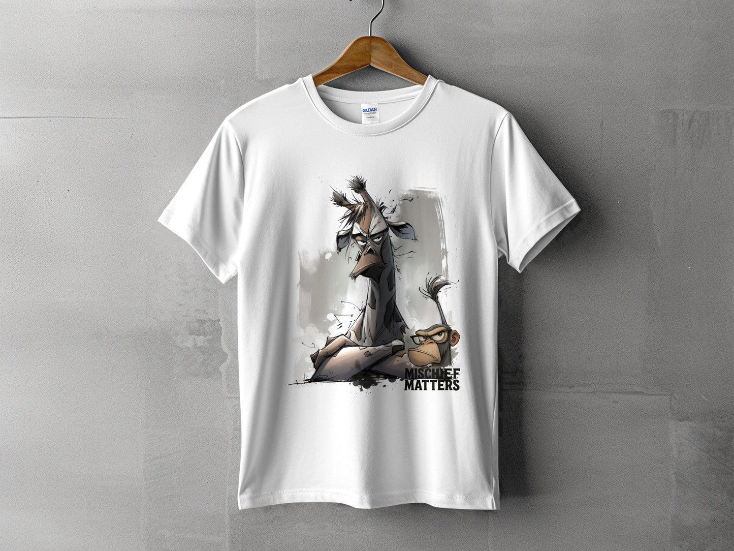 RMA APPAREL Giraffe Monkey T-Shirt, Streetwear, Unisex S - 5XL - Mischief Matters White T-shirt - RMA APPAREL - Roclla Media Apparel Store