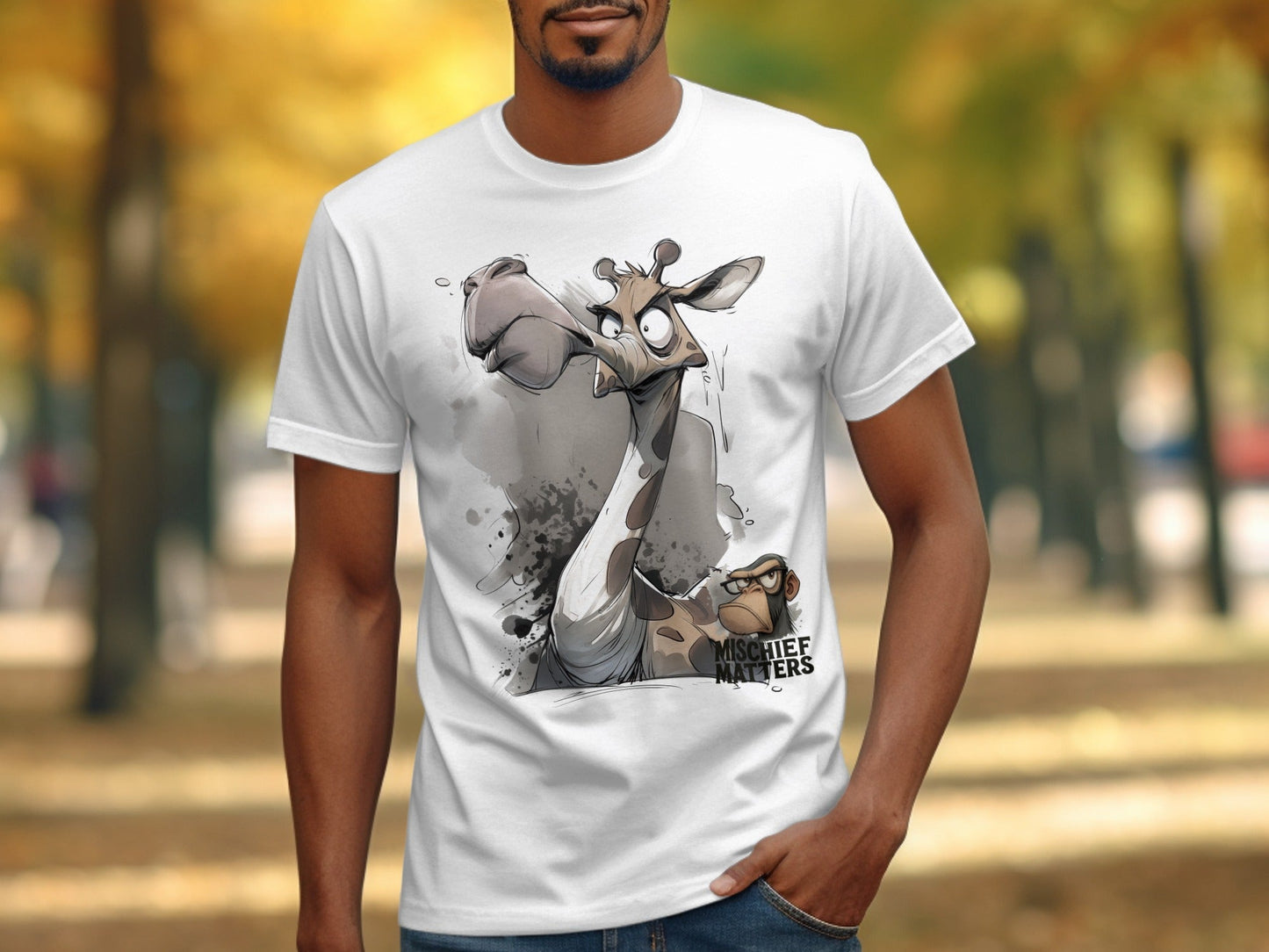 RMA APPAREL Giraffe T-Shirt, Funny Giraffe Shirt, Sizes S to 5XL - Mischief Matters White T-shirt - RMA APPAREL - Roclla Media Apparel Store