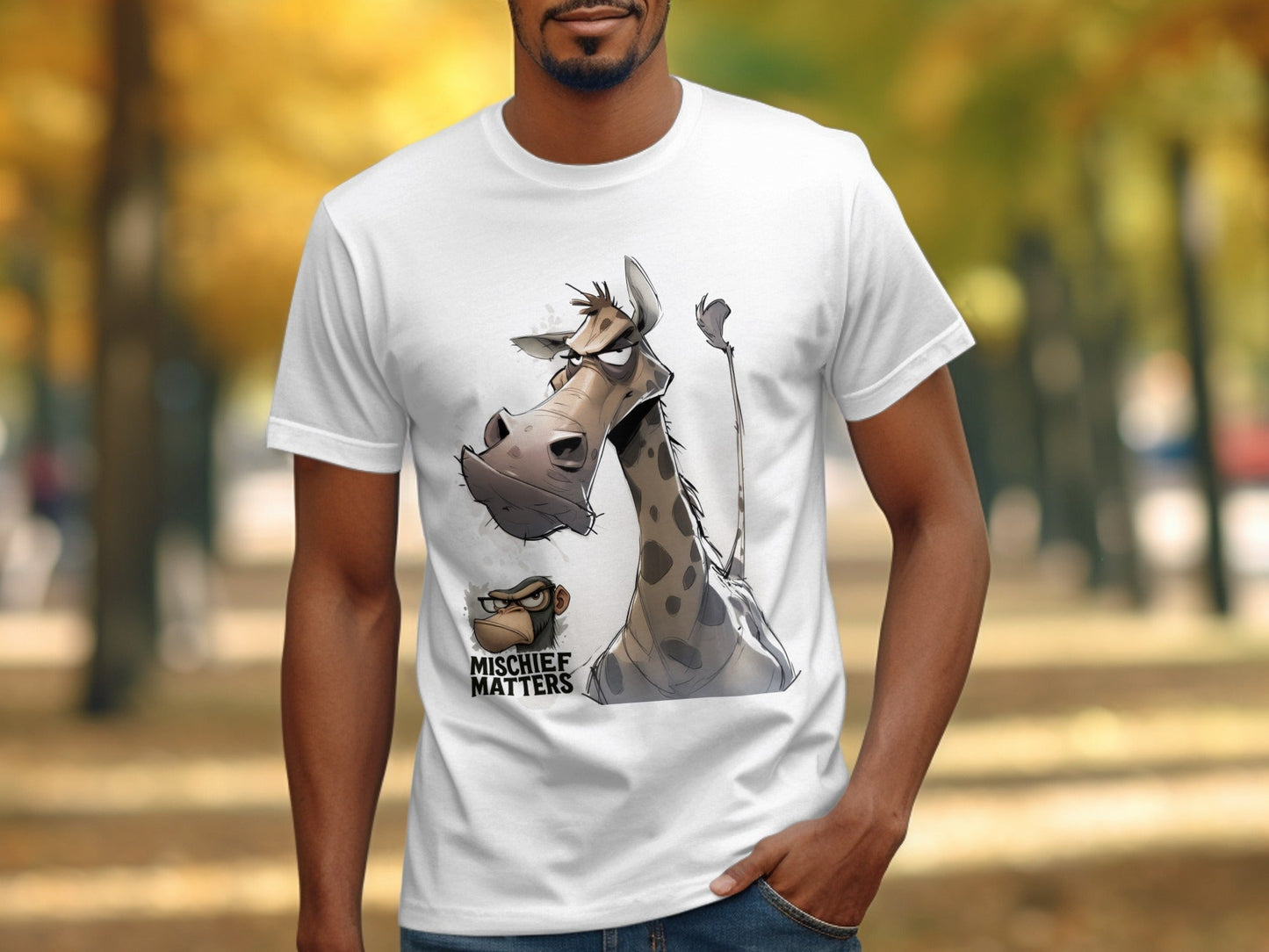 RMA APPAREL Giraffe T-Shirt S to 5XL, Funny Animal Tee, Unisex Shirt - Mischief Matters White T-shirt - RMA APPAREL - Roclla Media Apparel Store