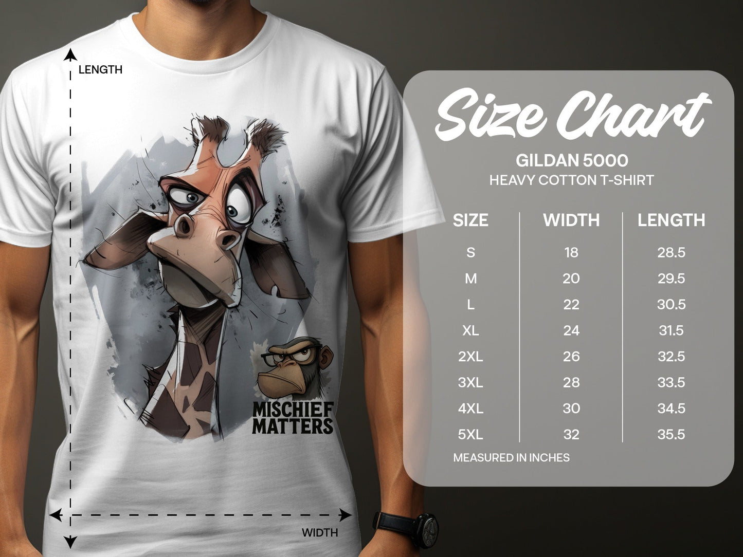 RMA APPAREL Giraffe T-Shirt, S to 5XL, Unisex Tee, Wildlife Animal - Mischief Matters White T-shirt - RMA APPAREL - Roclla Media Apparel Store