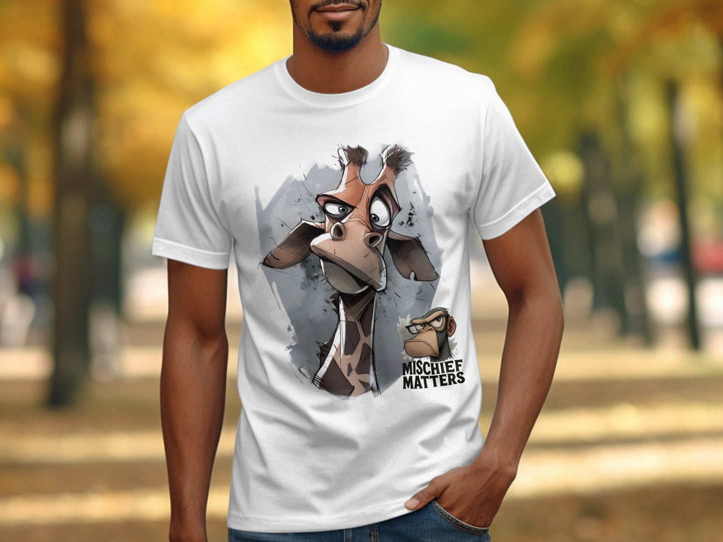 RMA APPAREL Giraffe T-Shirt, S to 5XL, Unisex Tee, Wildlife Animal - Mischief Matters White T-shirt - RMA APPAREL - Roclla Media Apparel Store