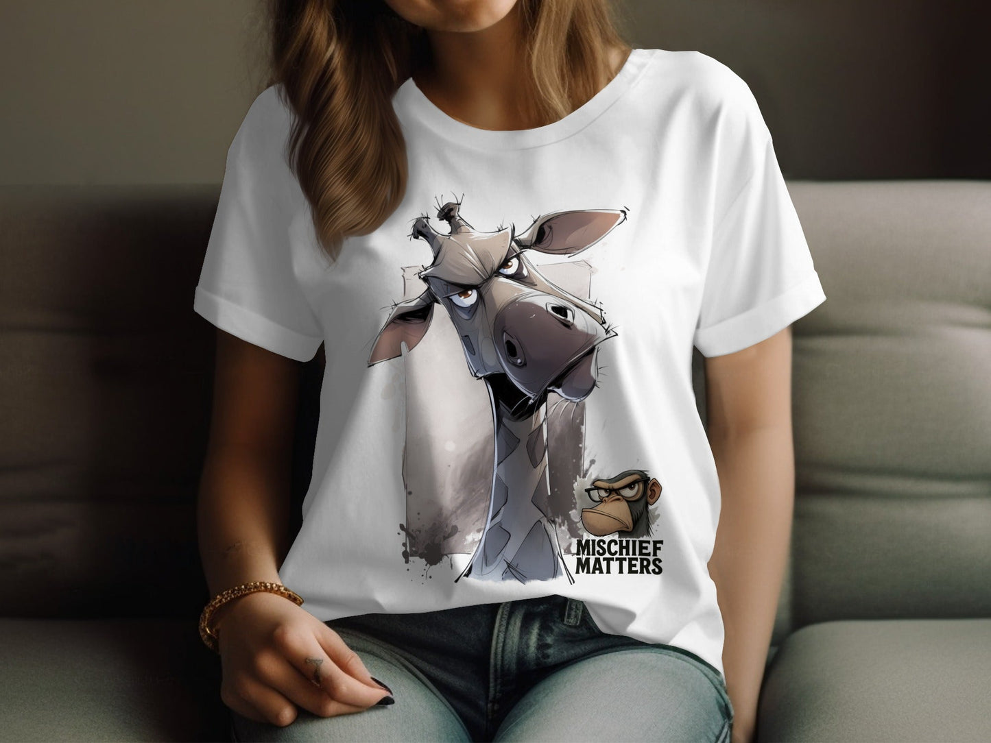 RMA APPAREL Giraffe T-Shirt, Wildlife Tee, Sizes S - 5XL, Animal Shirt - Mischief Matters White T-shirt - RMA APPAREL - Roclla Media Apparel Store
