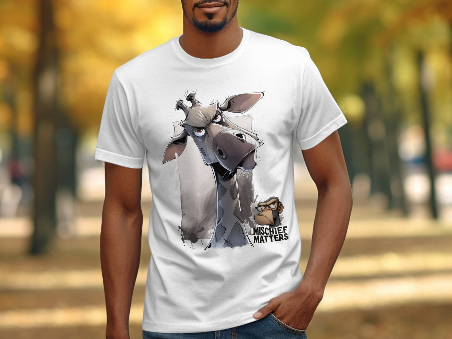 RMA APPAREL Giraffe T-Shirt, Wildlife Tee, Sizes S - 5XL, Animal Shirt - Mischief Matters White T-shirt - RMA APPAREL - Roclla Media Apparel Store