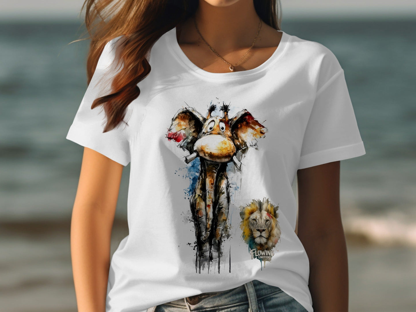 RMA APPAREL Giraffe With Lion Mens Womens Unisex T-Shirt - Flowing Emotions White T-Shirts - RMA APPAREL - Roclla Media Apparel Store