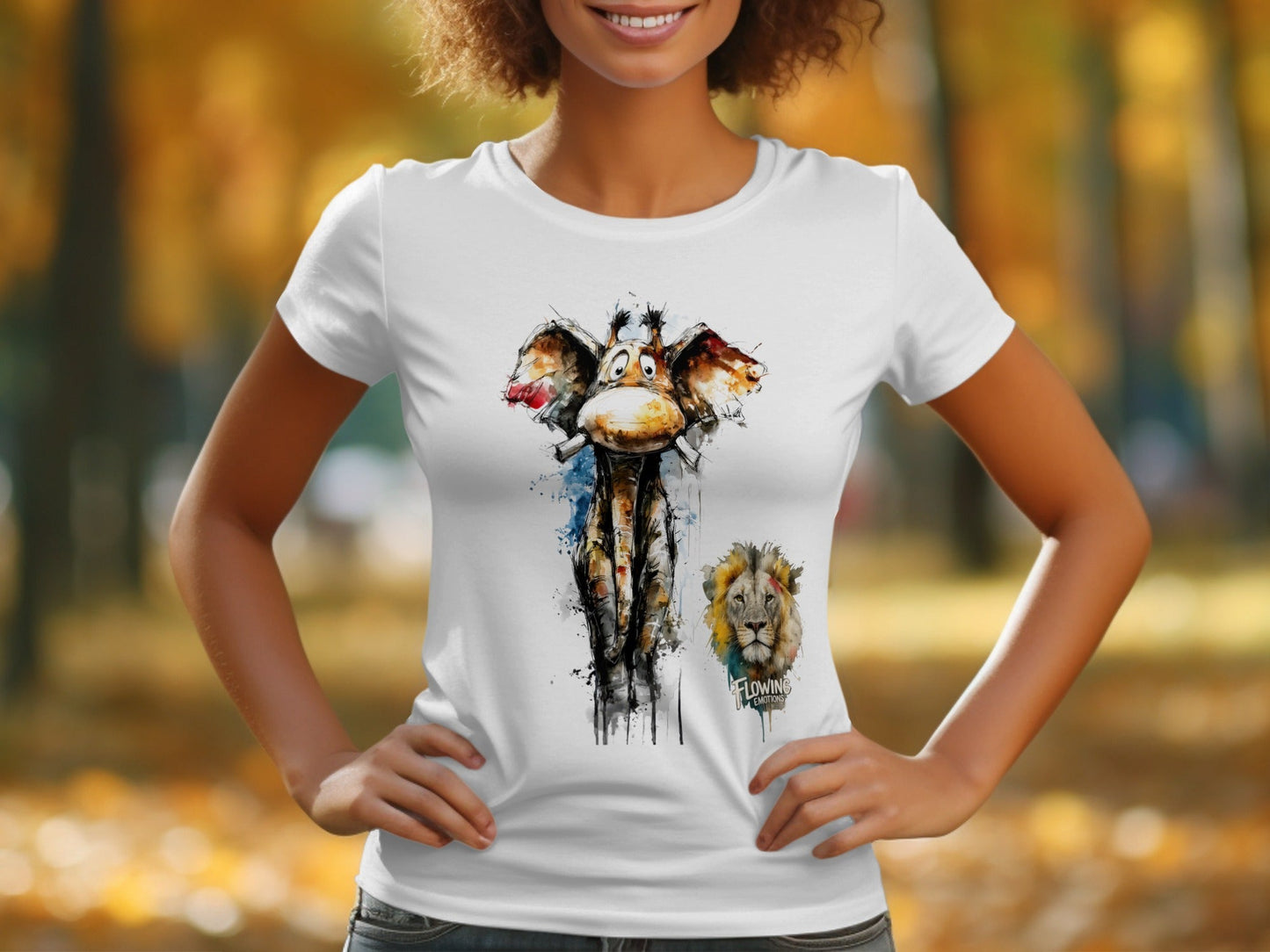 RMA APPAREL Giraffe With Lion Mens Womens Unisex T-Shirt - Flowing Emotions White T-Shirts - RMA APPAREL - Roclla Media Apparel Store