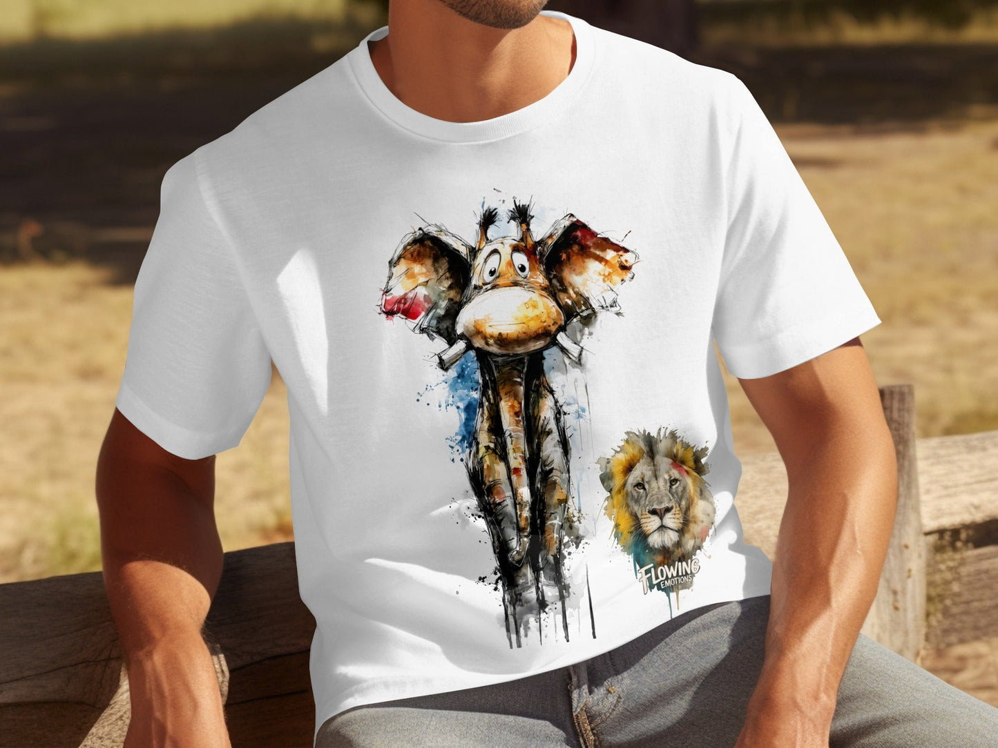 RMA APPAREL Giraffe With Lion Mens Womens Unisex T-Shirt - Flowing Emotions White T-Shirts - RMA APPAREL - Roclla Media Apparel Store