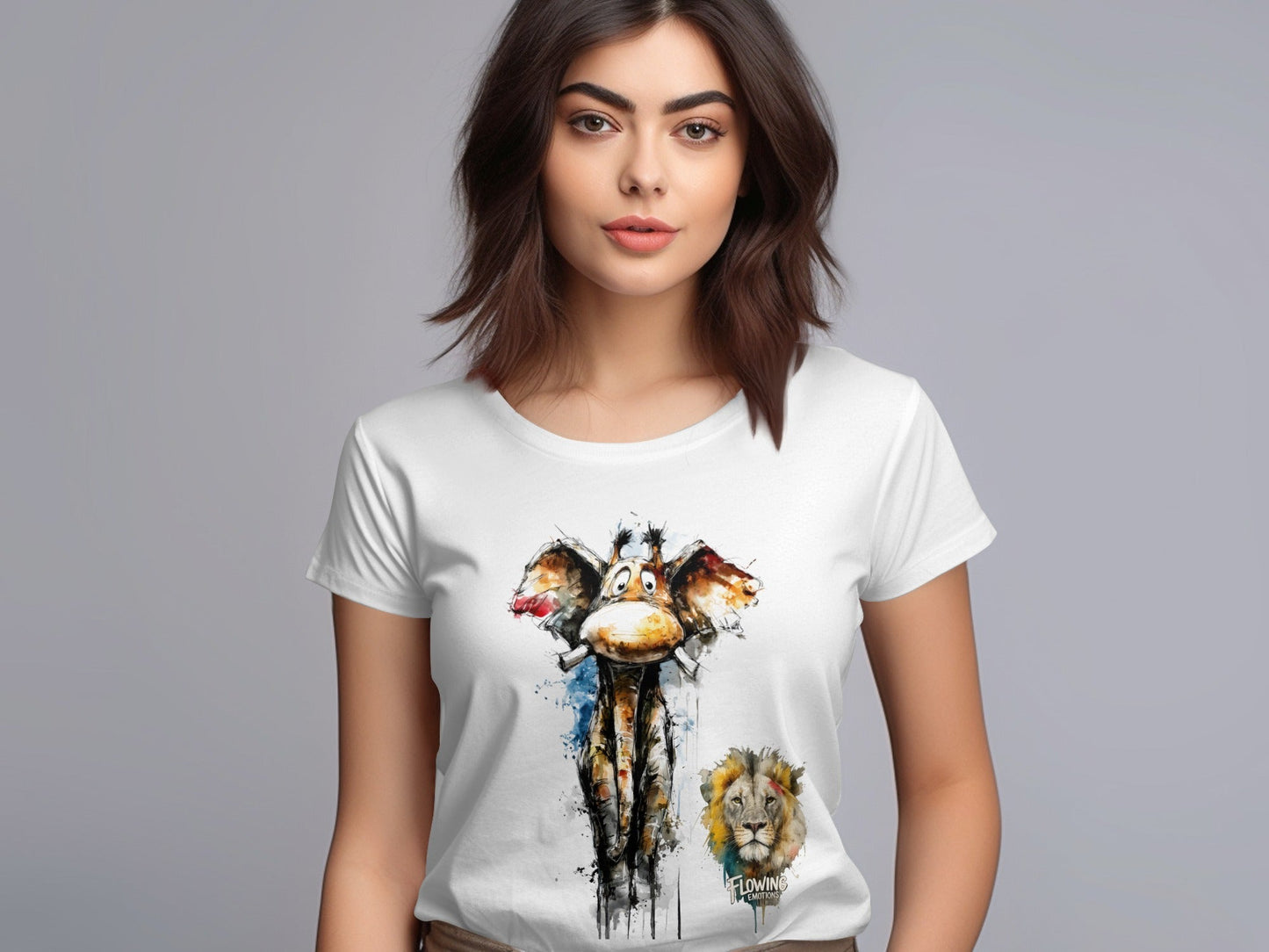 RMA APPAREL Giraffe With Lion Mens Womens Unisex T-Shirt - Flowing Emotions White T-Shirts - RMA APPAREL - Roclla Media Apparel Store
